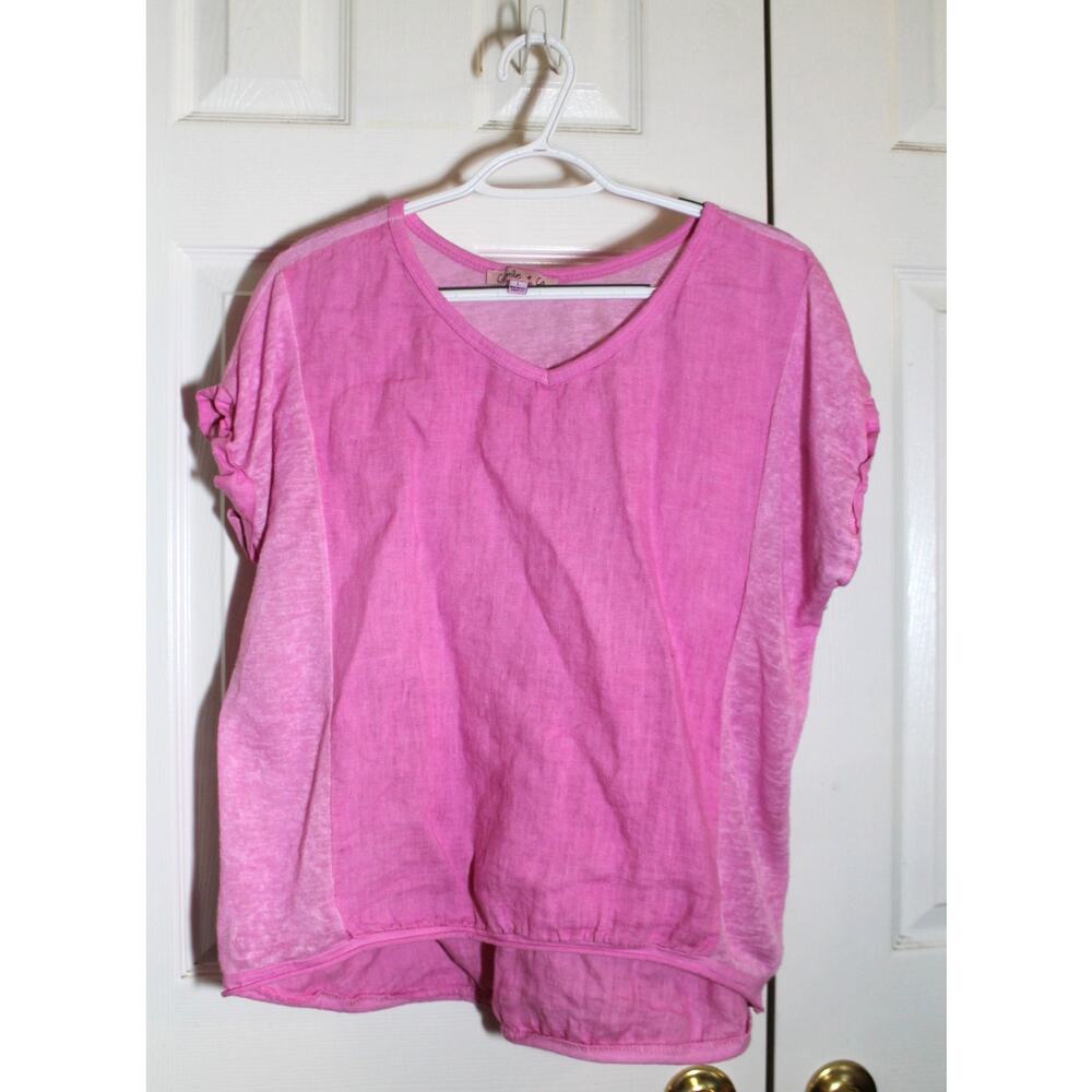 Camille & Co. Pink 100% Linen V-Neck T-Shirt sz L